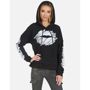Lauren Moshi Women Pullover Hoodie Black Long Sleeve Melanie Scribble Lip Sz S